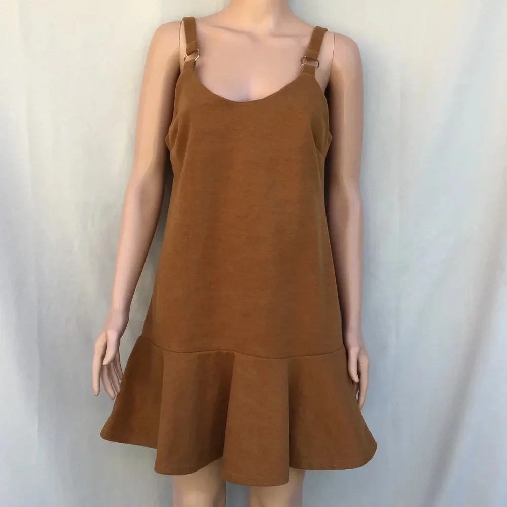 Brown Mini Dress with Ruffles Sleeveless Straps Medium Large